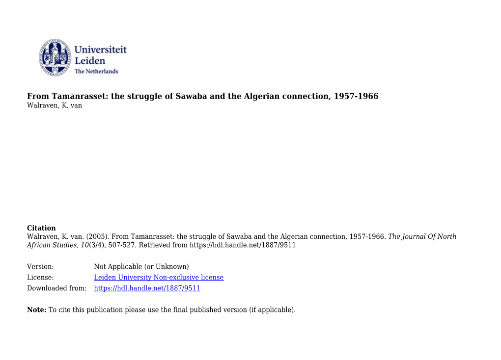 From Tamanrasset: the Struggle of Sawaba and the Algerian Connection, 1957-1966 Walraven, K