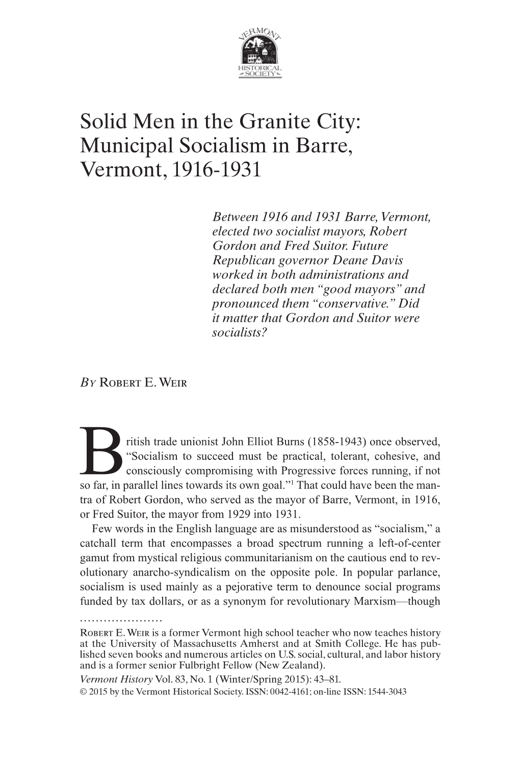 Solid Men in the Granite City: Municipal Socialism in Barre, Vermont, 1916-1931