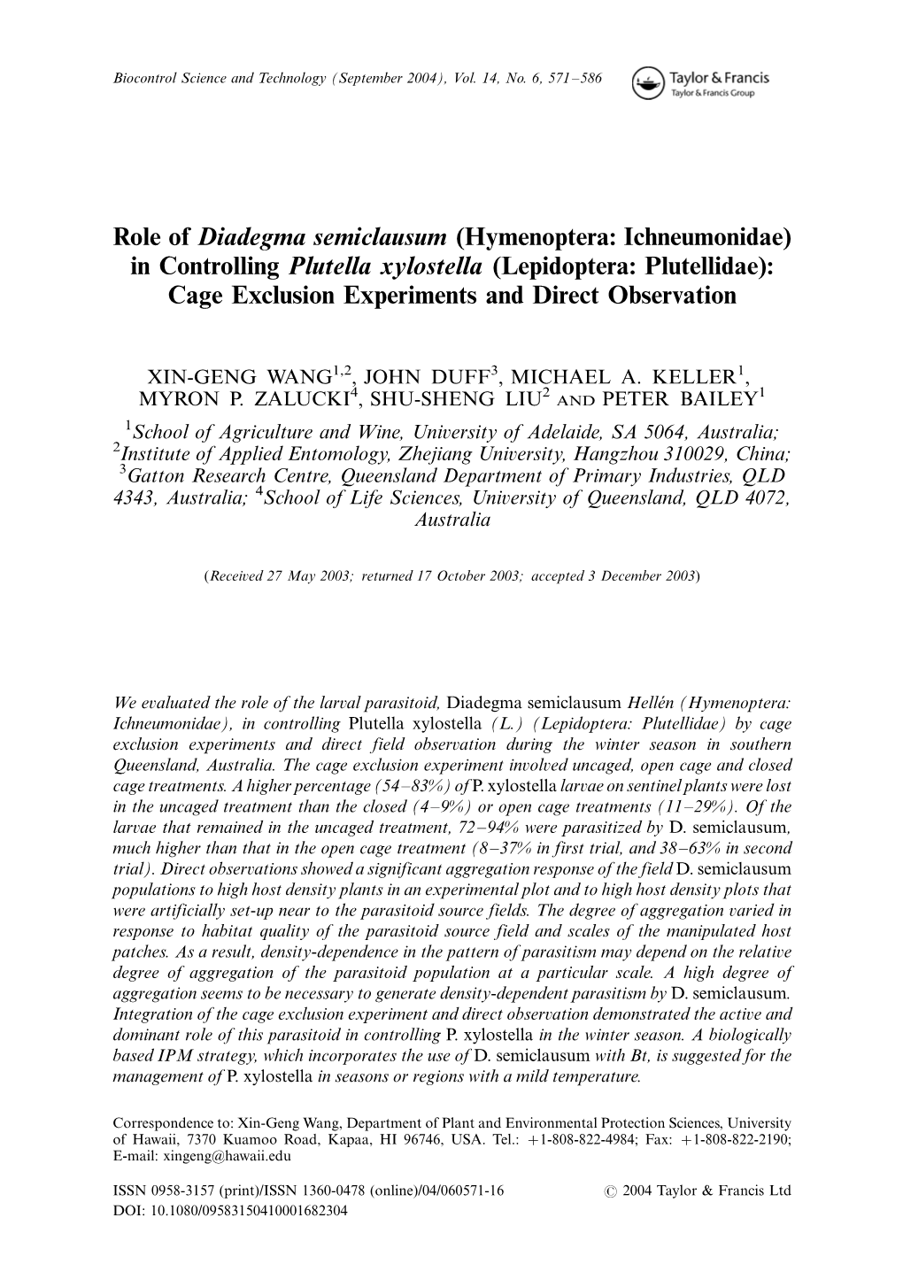 Role of Diadegma Semiclausum