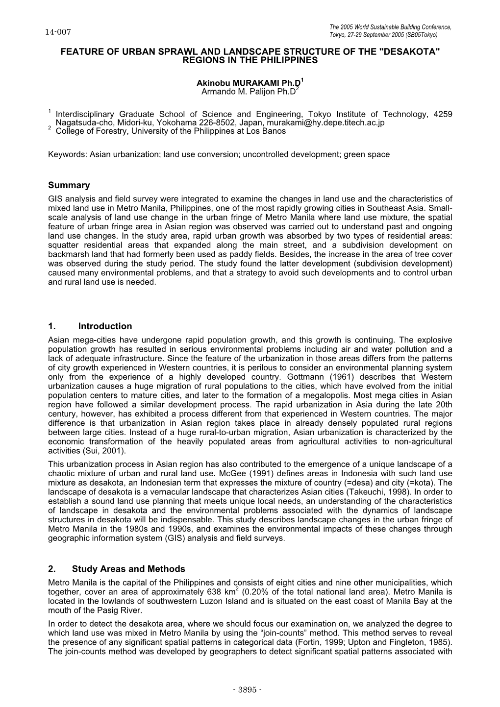 Feature of Urban Sprawl and Landscape Structure of the "Desakota" Regions in the Philippines