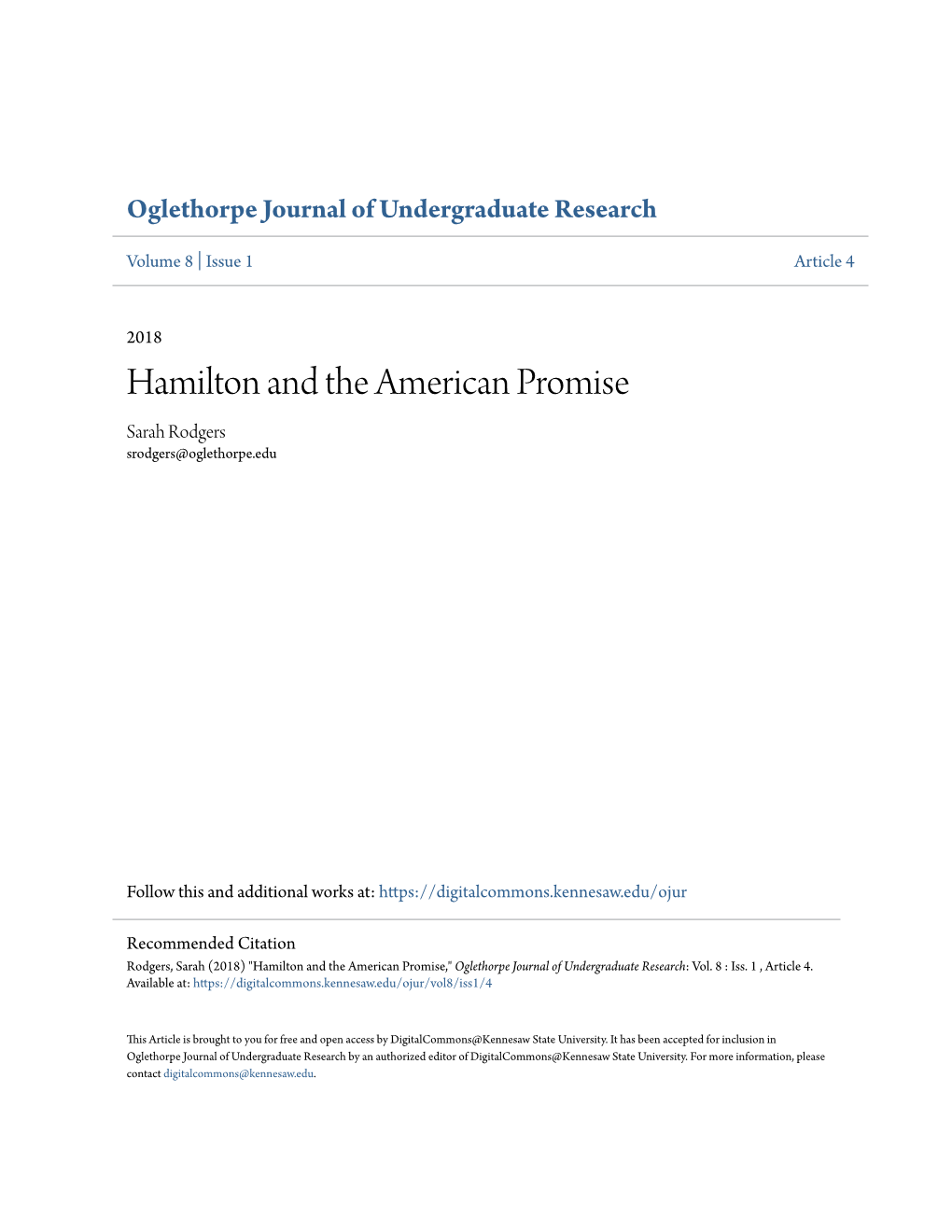 Hamilton and the American Promise Sarah Rodgers Srodgers@Oglethorpe.Edu