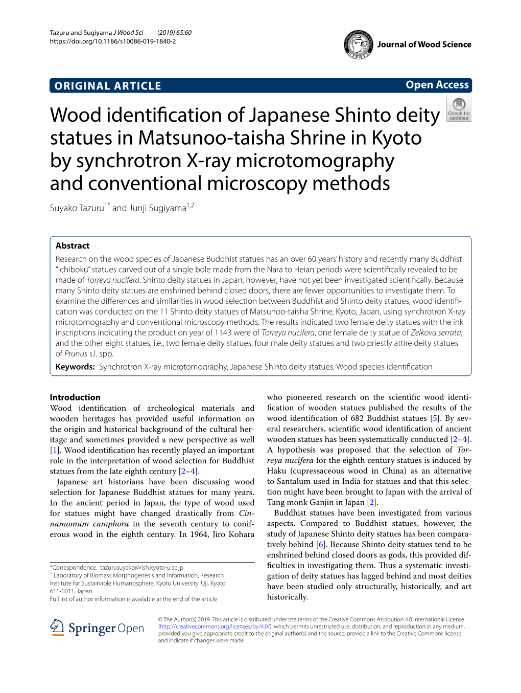 Wood Identification of Japanese Shinto Deity Statues in Matsunoo