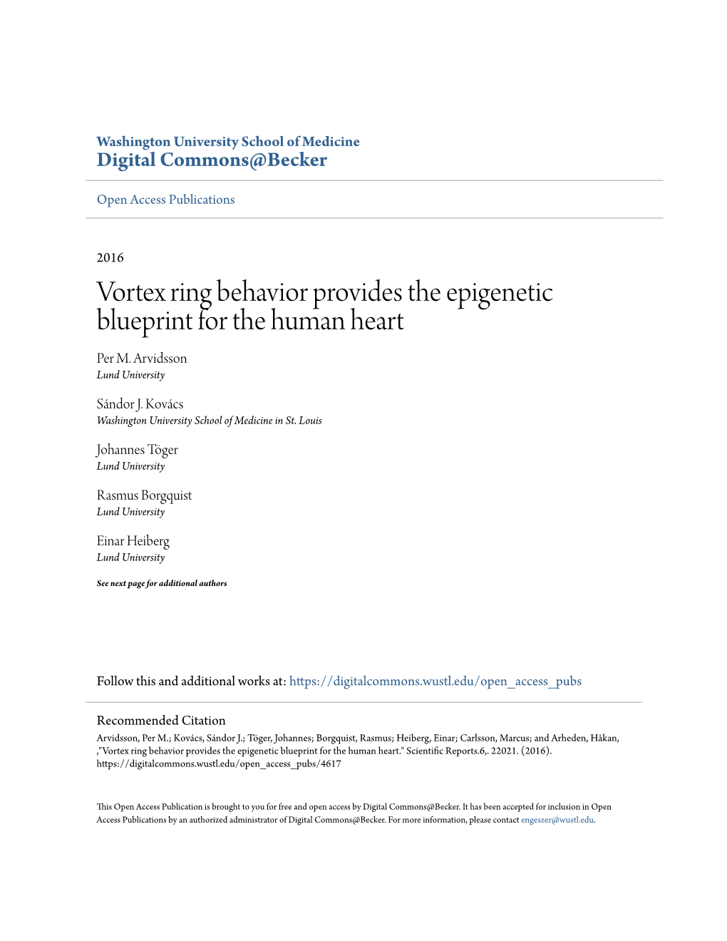 Vortex Ring Behavior Provides the Epigenetic Blueprint for the Human Heart Per M