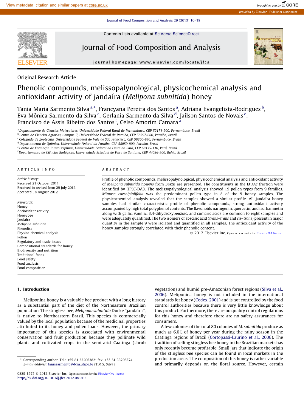 Phenolic Compounds, Melissopalynological, Physicochemical Analysis And