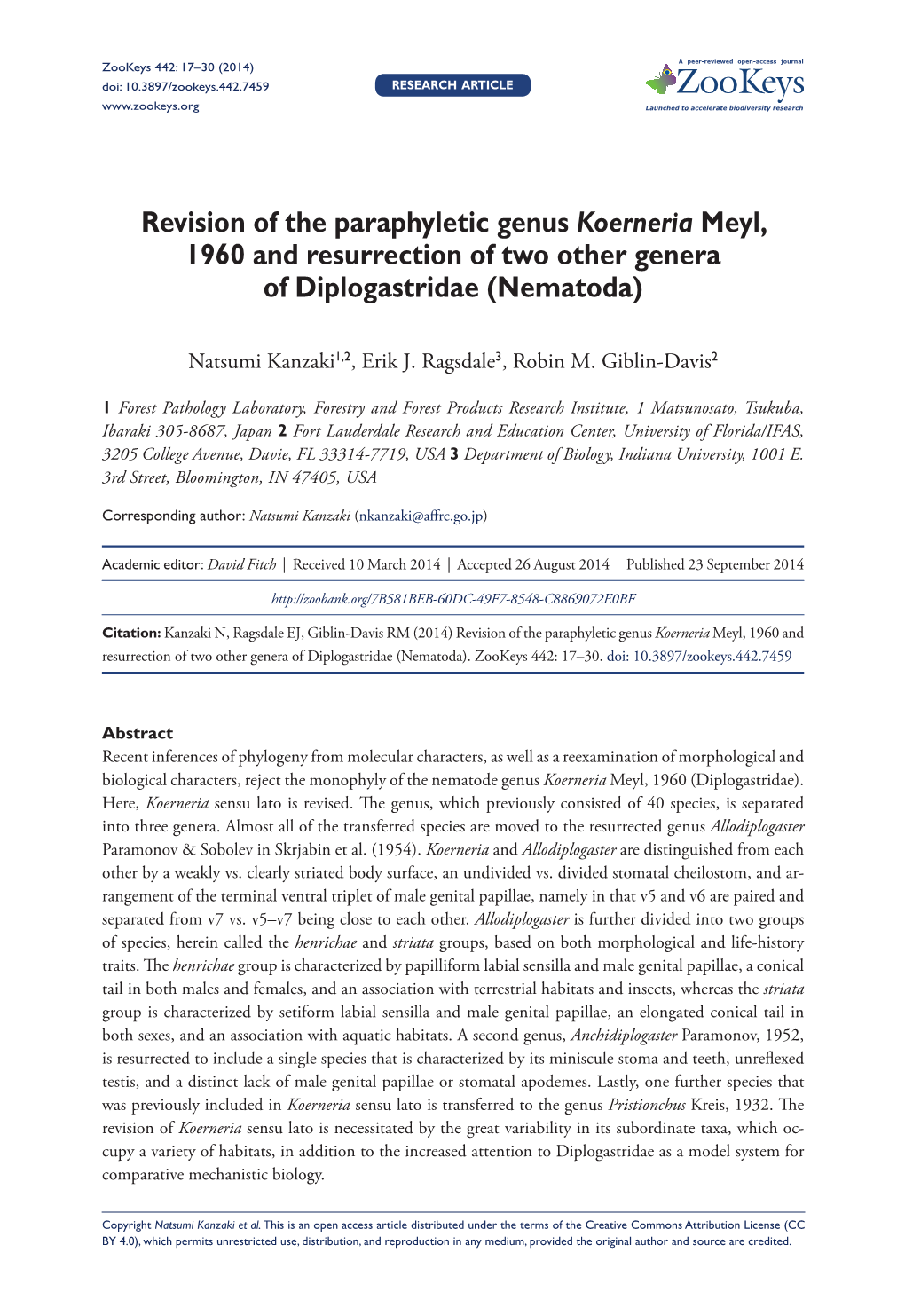 Revision of the Paraphyletic Genus Koerneria Meyl, 1960 and Resurrection of Two Other Genera of Diplogastridae (Nematoda)