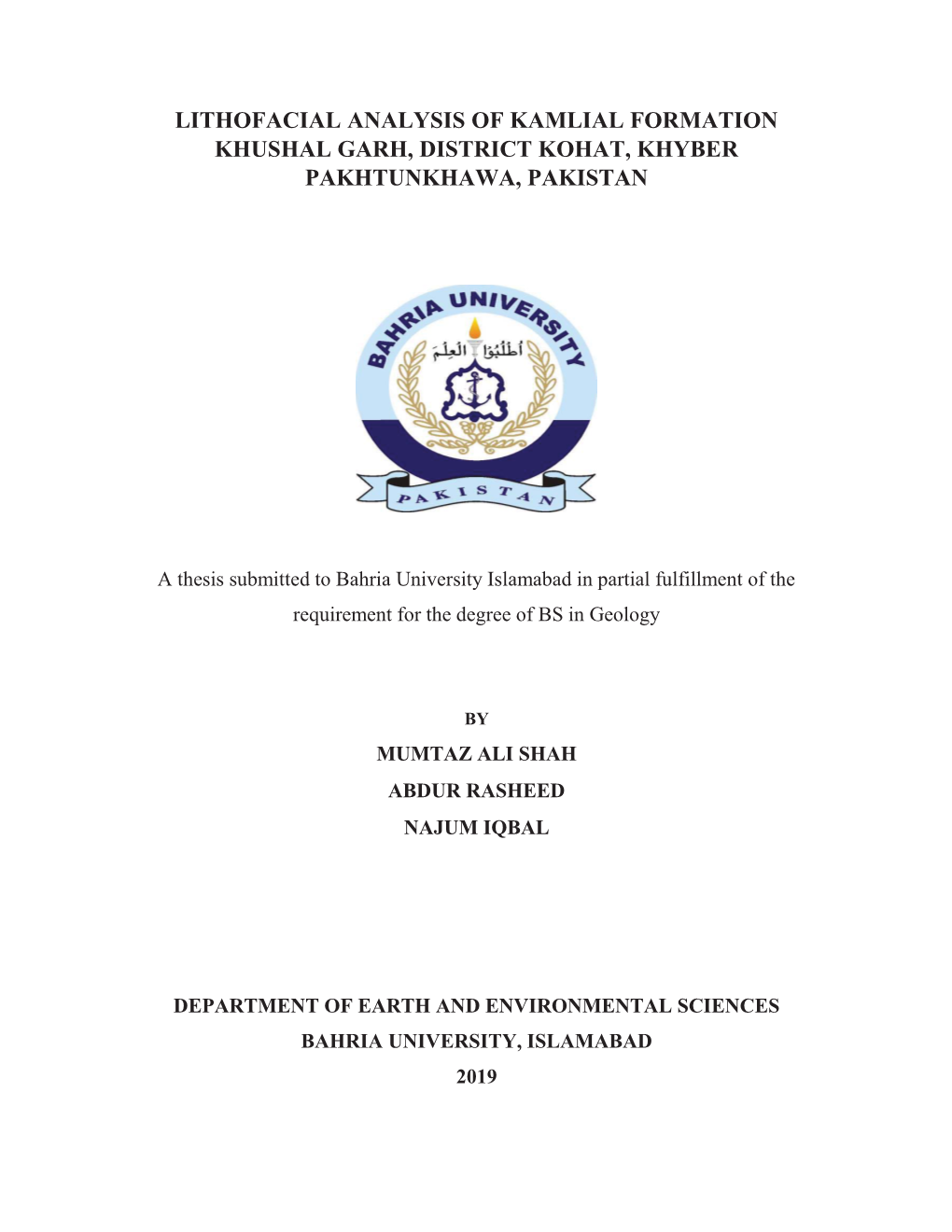 Lithofacial Analysis of Kamlial Formation Khushal Garh, District Kohat, Khyber Pakhtunkhawa, Pakistan