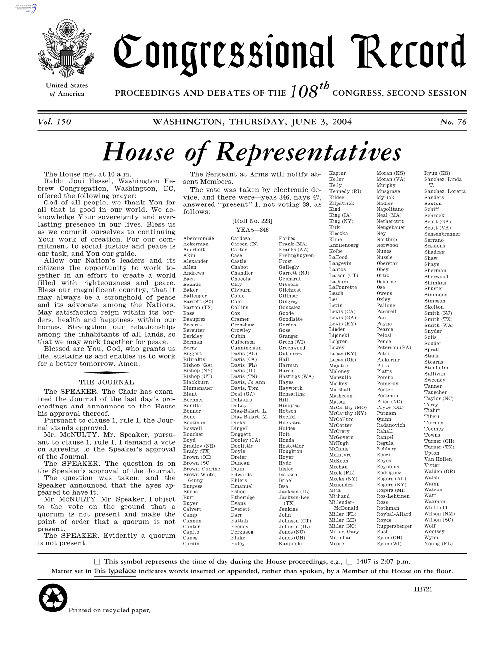 Congressional Record United States Th of America PROCEEDINGS and DEBATES of the 108 CONGRESS, SECOND SESSION