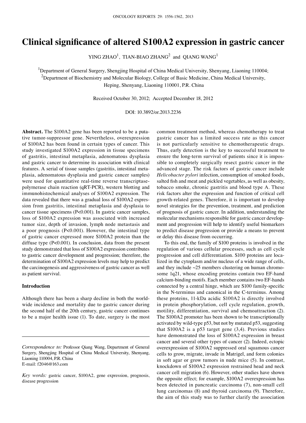 Clinical Significance of Altered S100A2 Expression in Gastric Cancer