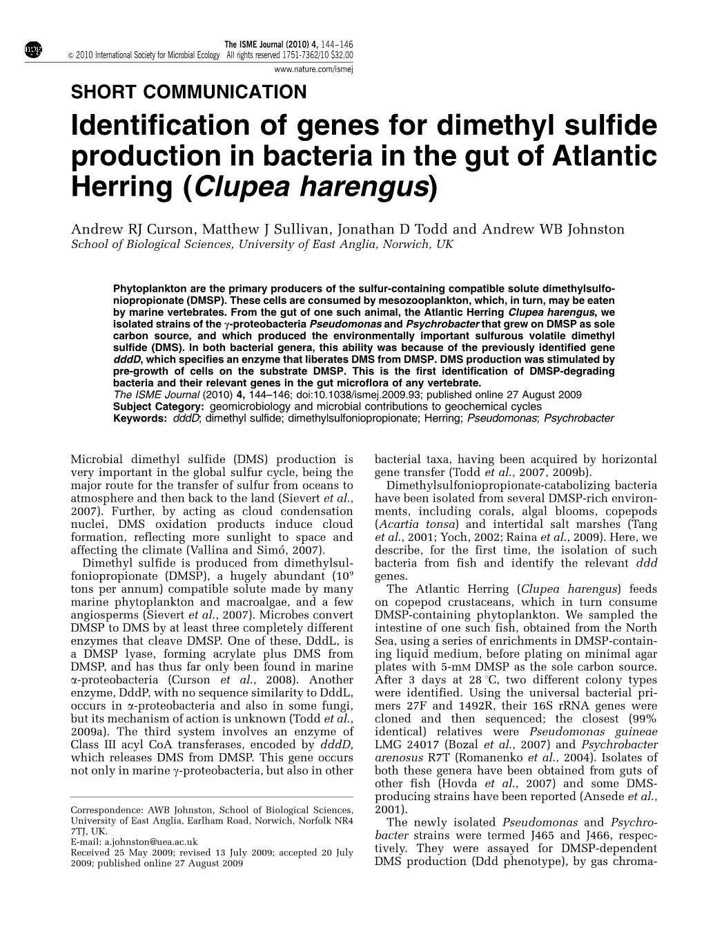 Identification of Genes for Dimethyl Sulfide Production in Bacteria in the Gut of Atlantic Herring (Clupea Harengus)