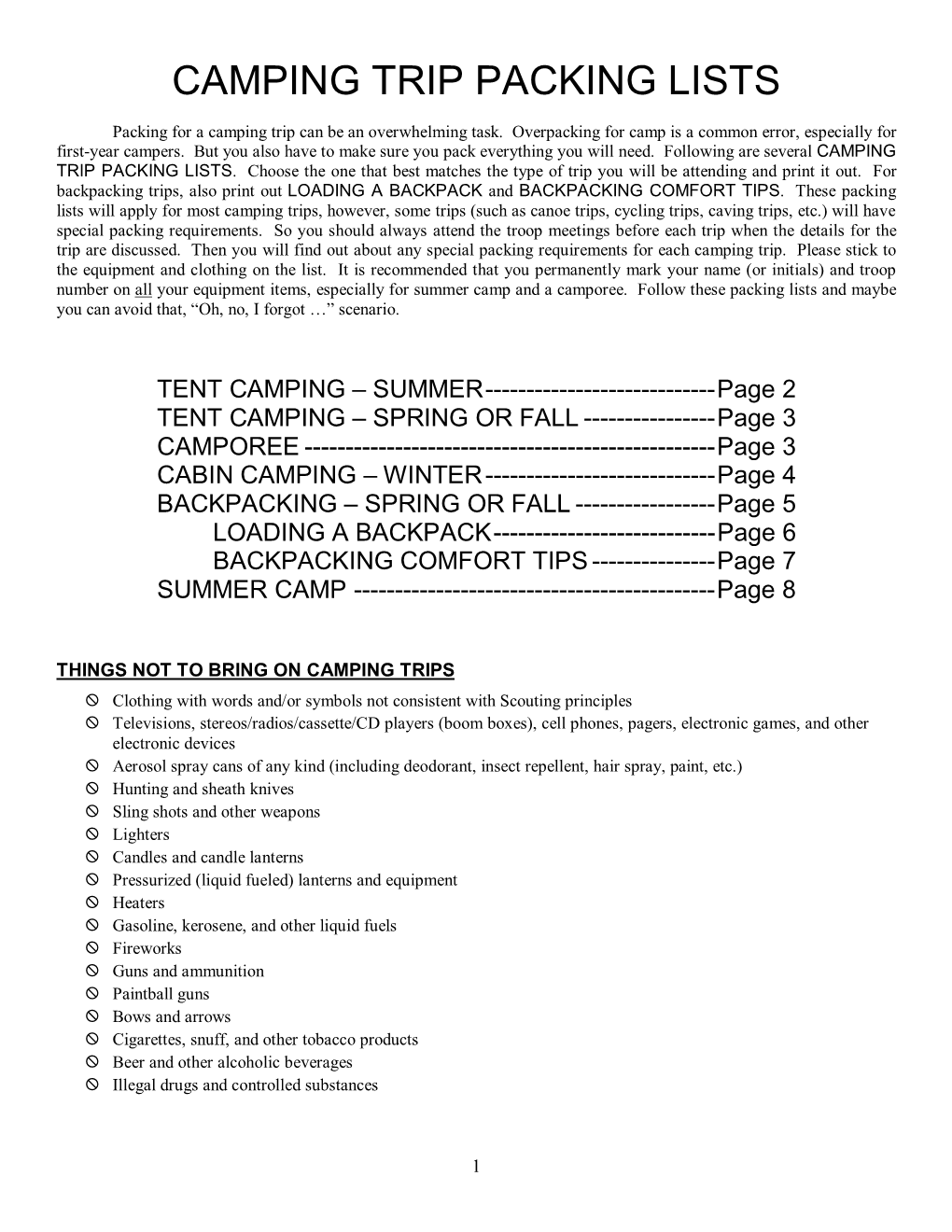 Camping Trip Packing Lists