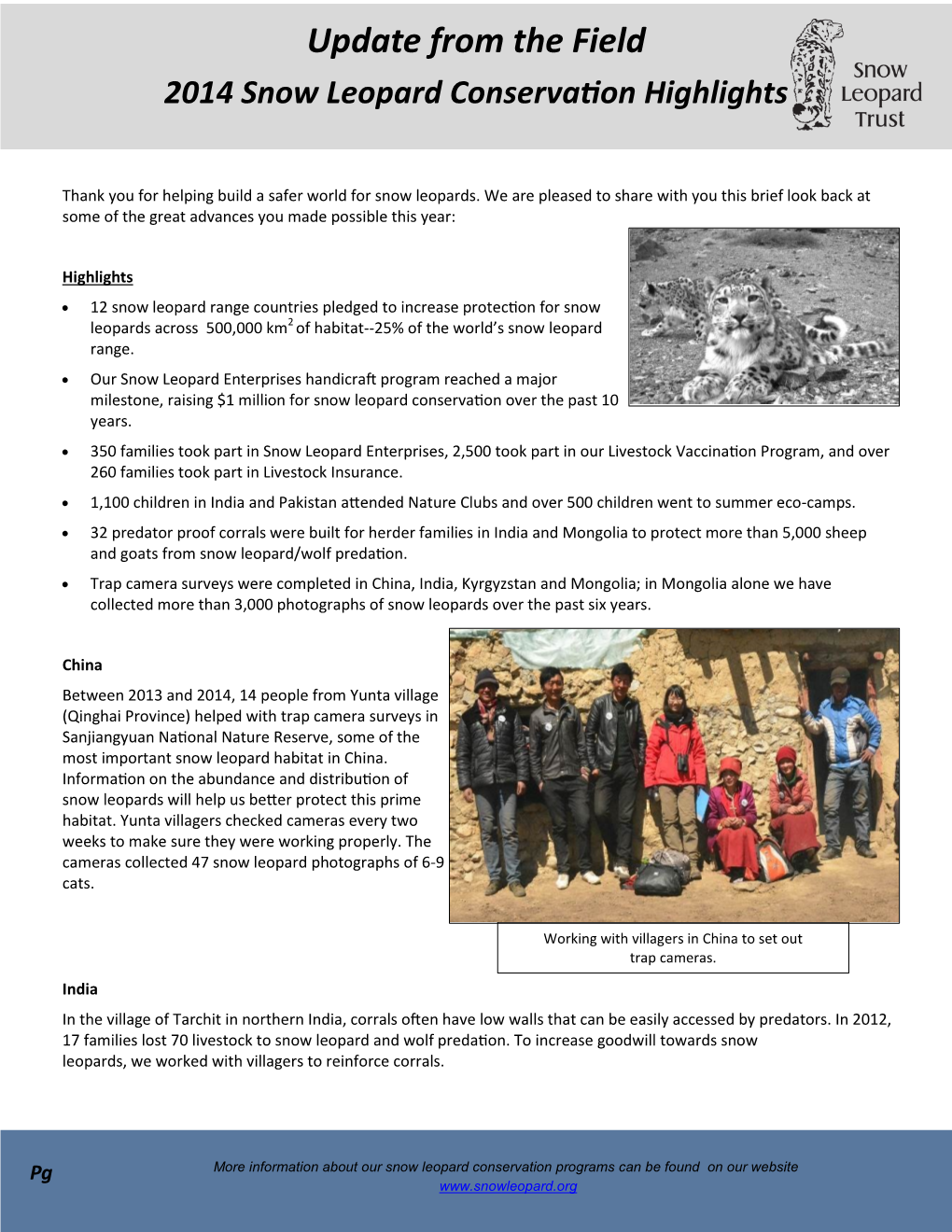 Update from the Field 2014 Snow Leopard Conservation Highlights