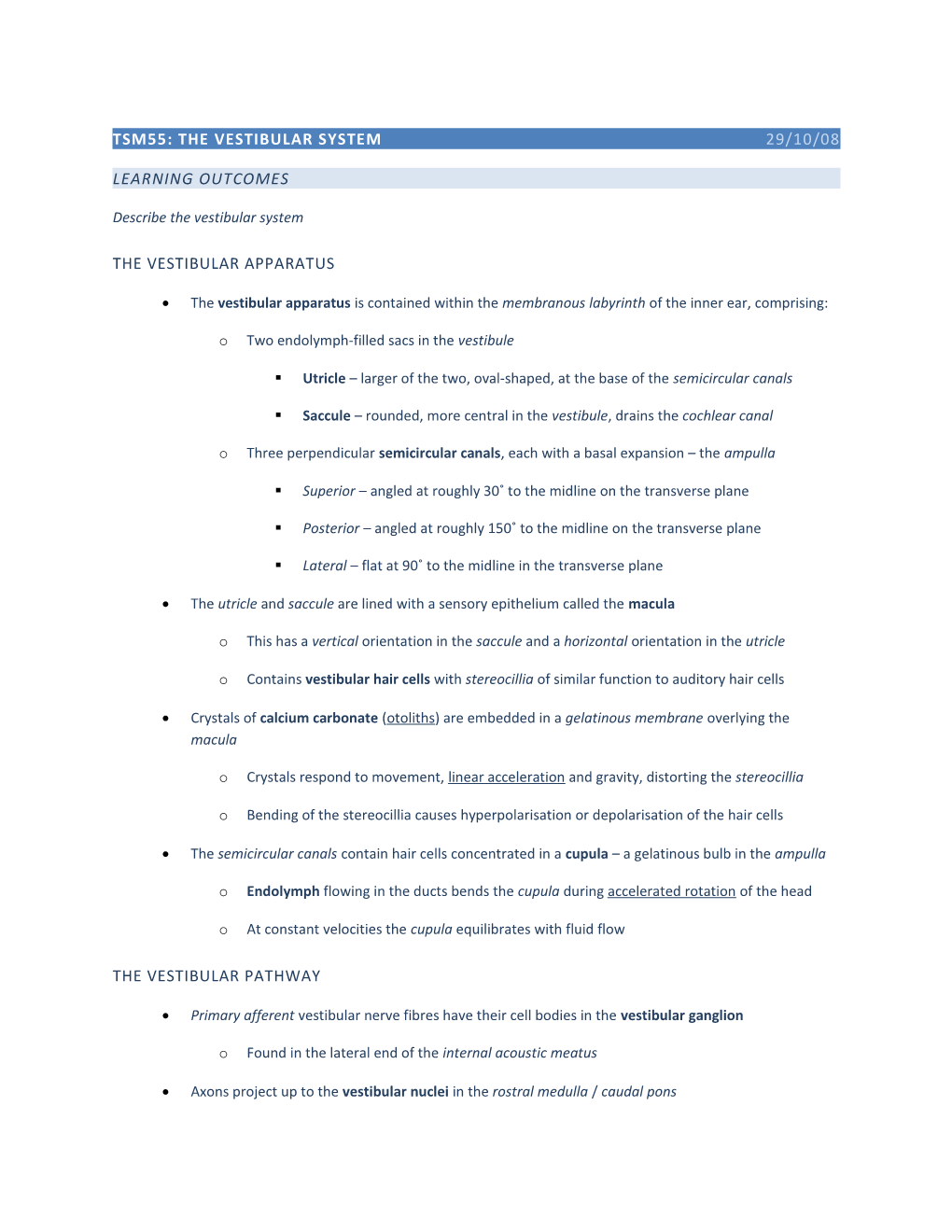 TSM55: the Vestibular System 29/10/08