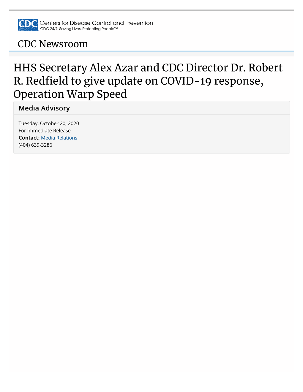 HHS Secretary Alex Azar and CDC Director Dr. Robert R. Redfield To