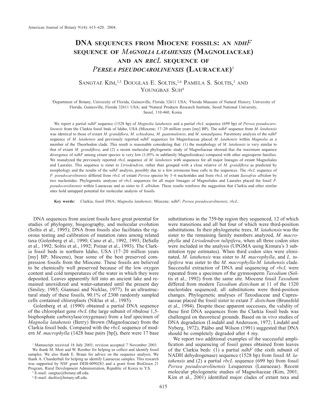 Dna Sequences from Miocene Fossils: an Ndhf Sequence of Magnolia Latahensis (Magnoliaceae) and an Rbcl Sequence of Persea Pseudocarolinensis (Lauraceae)1