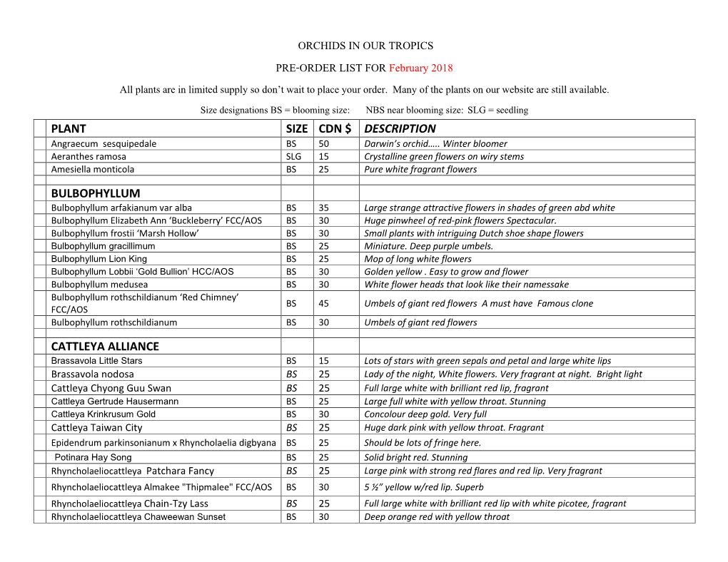 ORCHIDS in OUR TROPICS PRE-ORDER LIST Forfebruary 2018