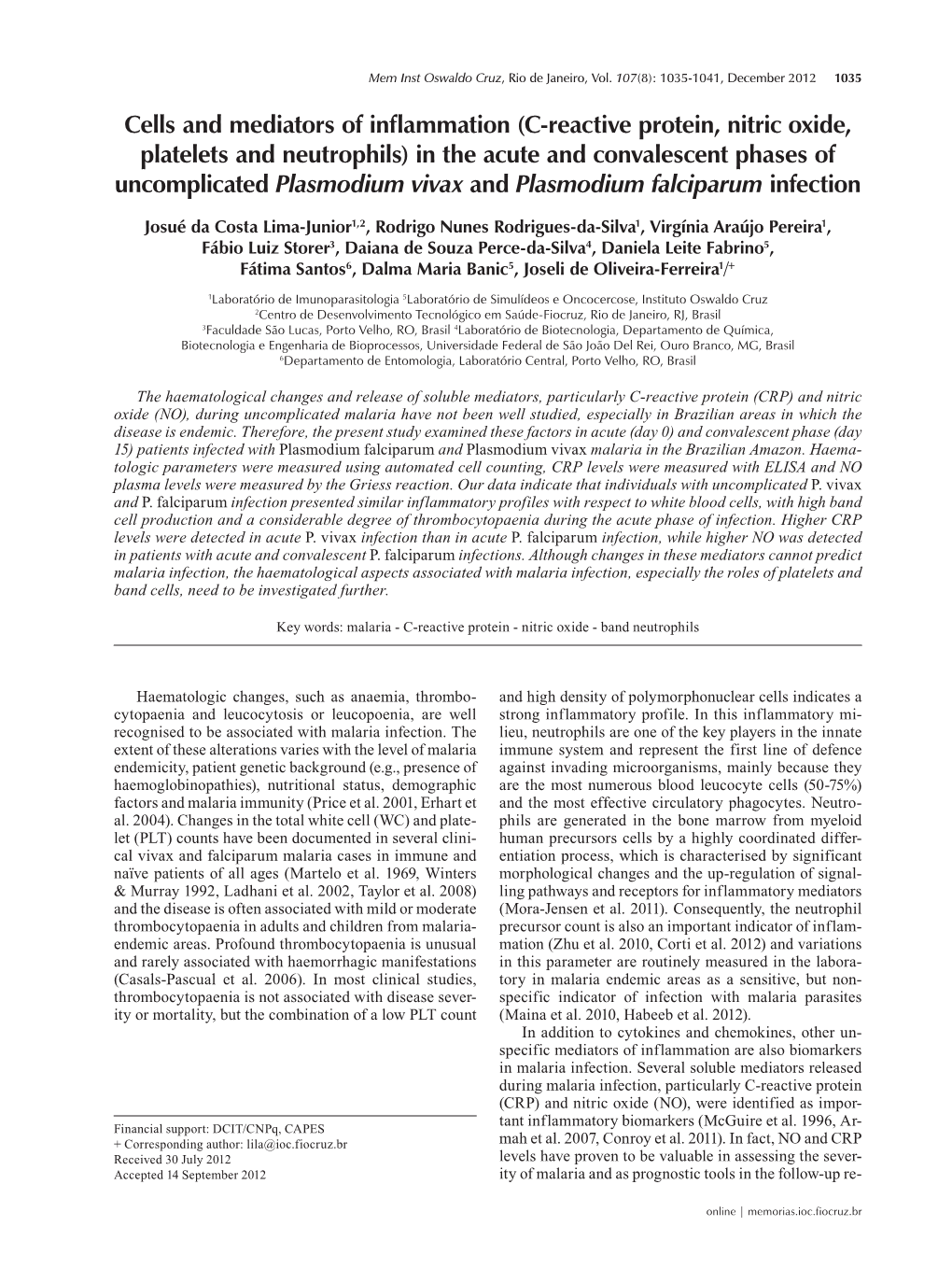 Cells and Mediators of Inflammation (C-Reactive Protein, Nitric