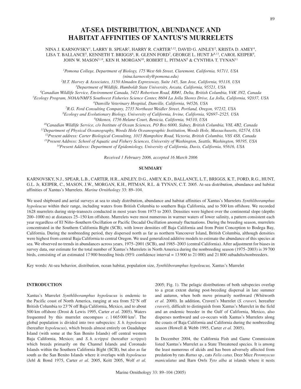 At-Sea Distribution, Abundance and Habitat Affinities of Xantus’S Murrelets