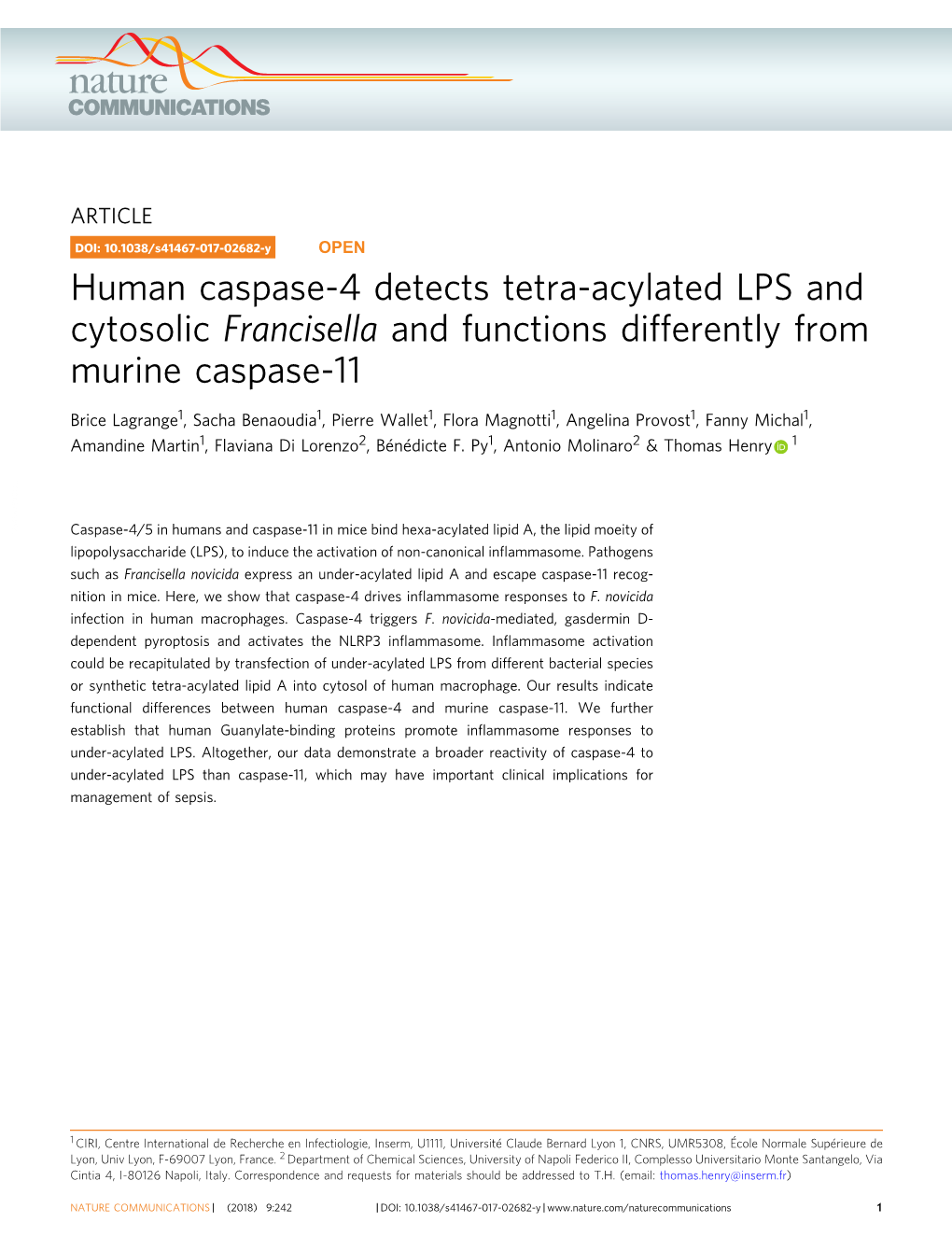 Human Caspase-4 Detects Tetra-Acylated LPS and Cytosolic Francisella and Functions Differently from Murine Caspase-11