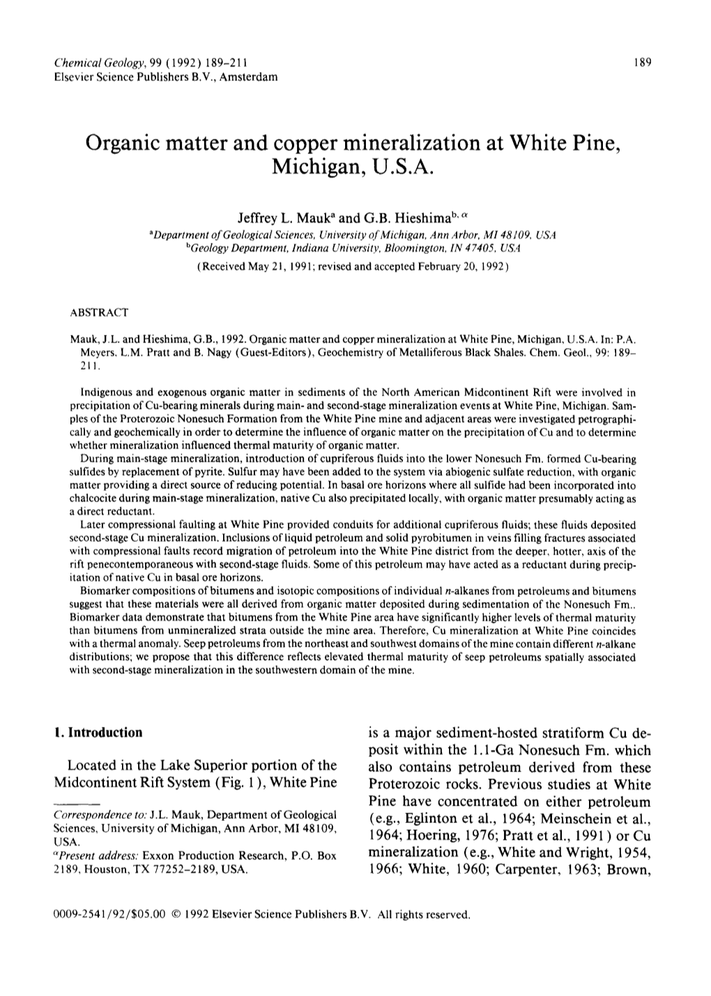 Organic Matter and Copper Mineralization at White Pine, Michigan, U.S.A