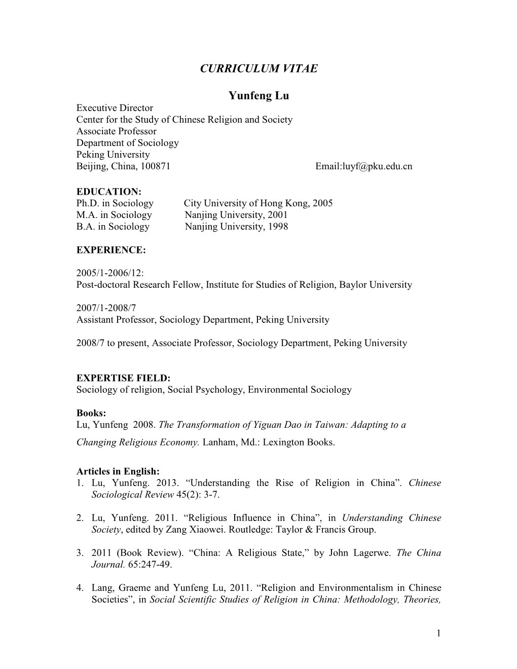 CURRICULUM VITAE Yunfeng Lu