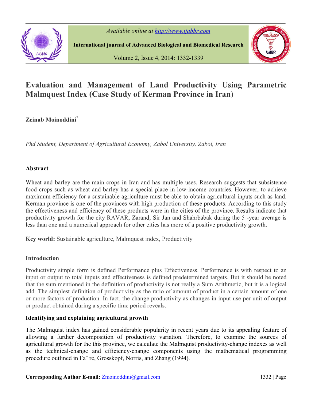 Evaluation and Management of Land Productivity Using Parametric Malmquest Index (Case Study of Kerman Province in Iran)