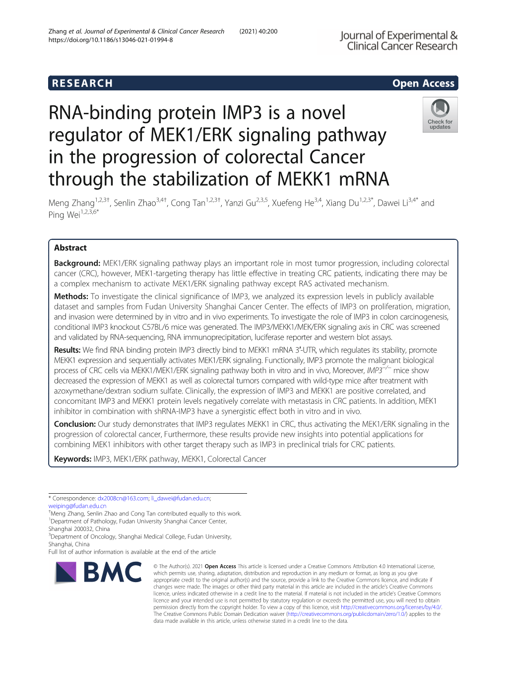 RNA-Binding Protein IMP3 Is a Novel Regulator of MEK1/ERK Signaling