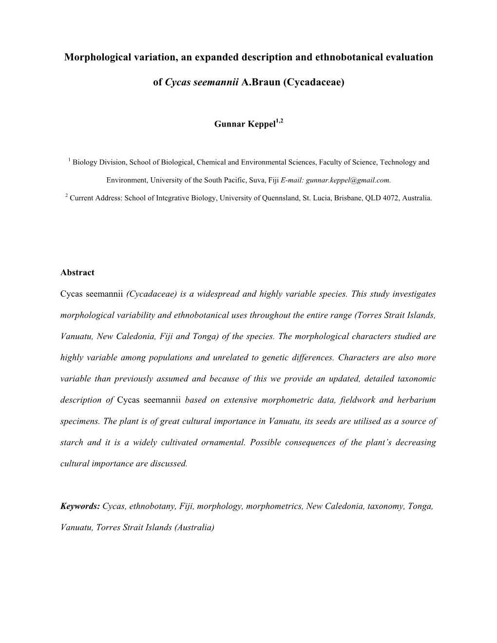 Morphological Variation, an Expanded Description and Ethnobotanical Evaluation of Cycas Seemannii A.Braun (Cycadaceae)