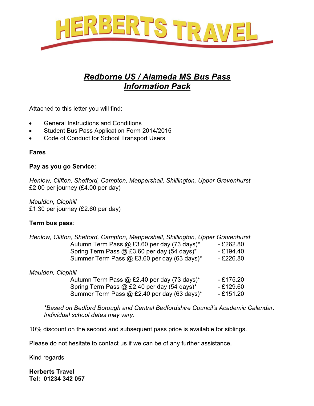 Redborne US / Alameda MS Bus Pass Information Pack