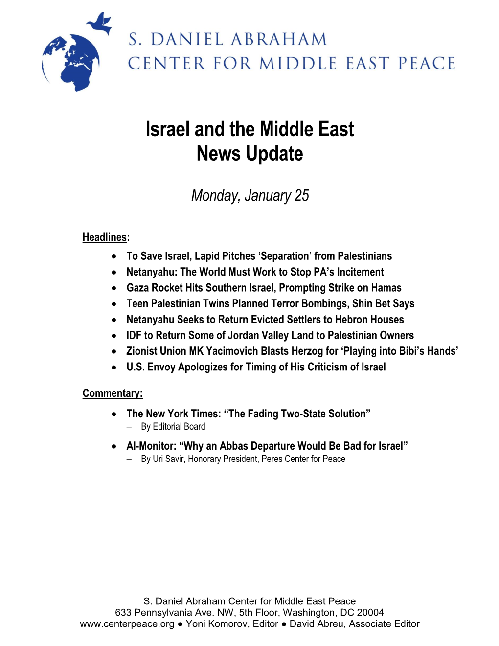 Israel and the Middle East News Update