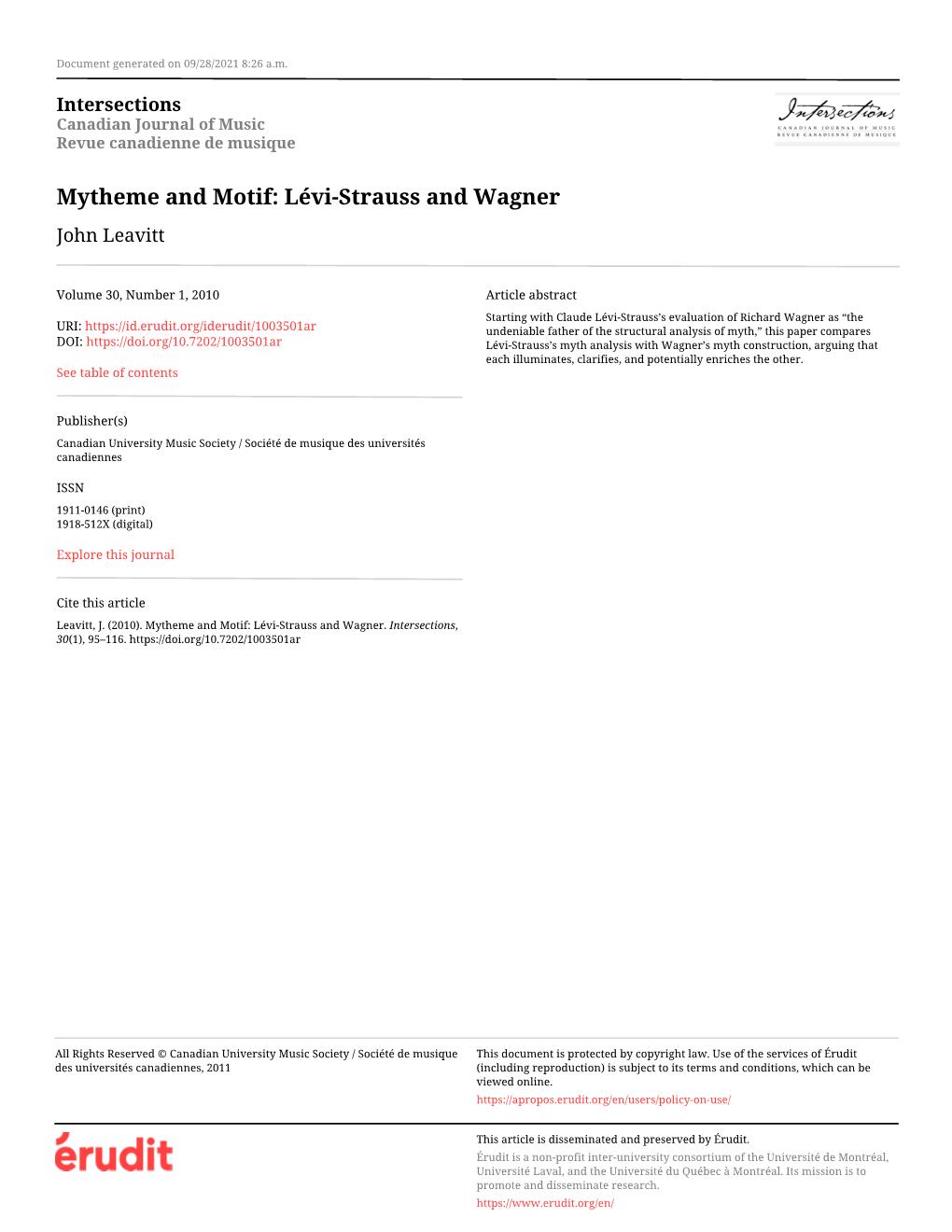 Mytheme and Motif: Lévi-Strauss and Wagner John Leavitt