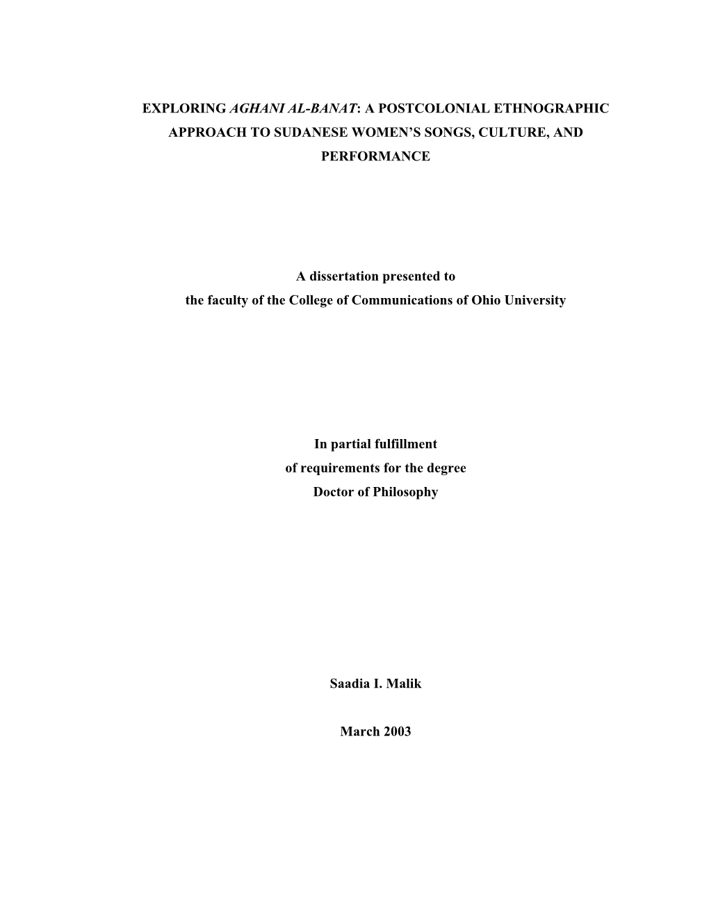 Exploring Aghani Al-Banat: a Postcolonial Ethnographic Approach to Sudanese Women’S Songs, Culture, and Performance