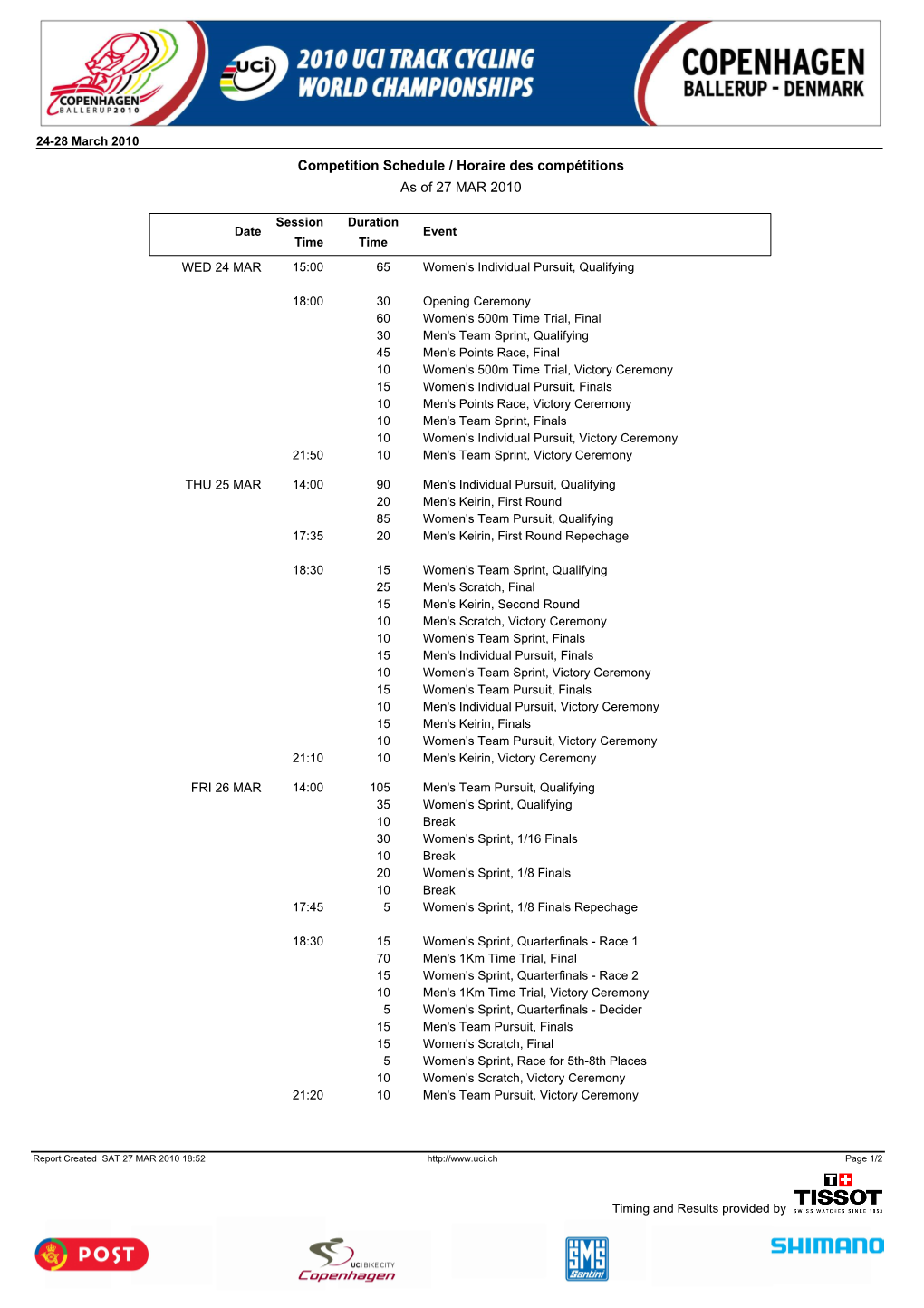 Competition Schedule / Horaire Des Compétitions As of 27 MAR 2010