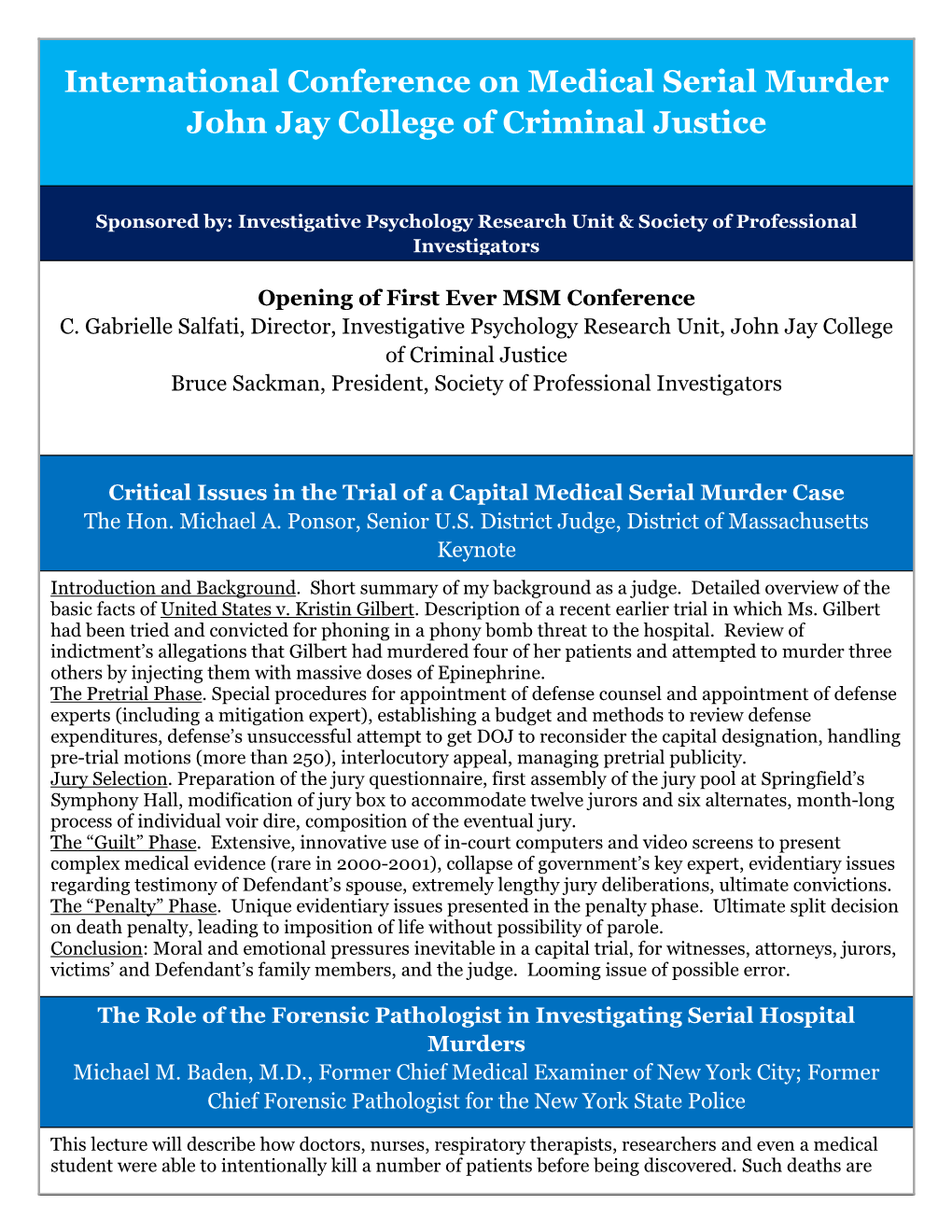 International Conference on Medical Serial Murder John Jay College of Criminal Justice