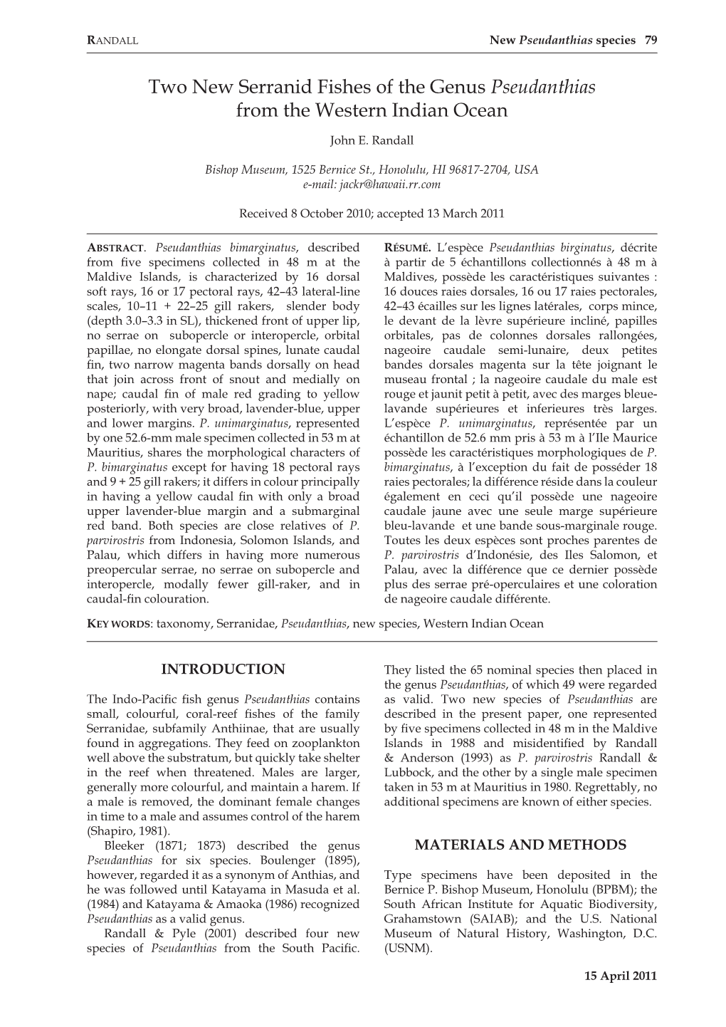 Two New Serranid Fishes of the Genus Pseudanthias from the Western Indian Ocean