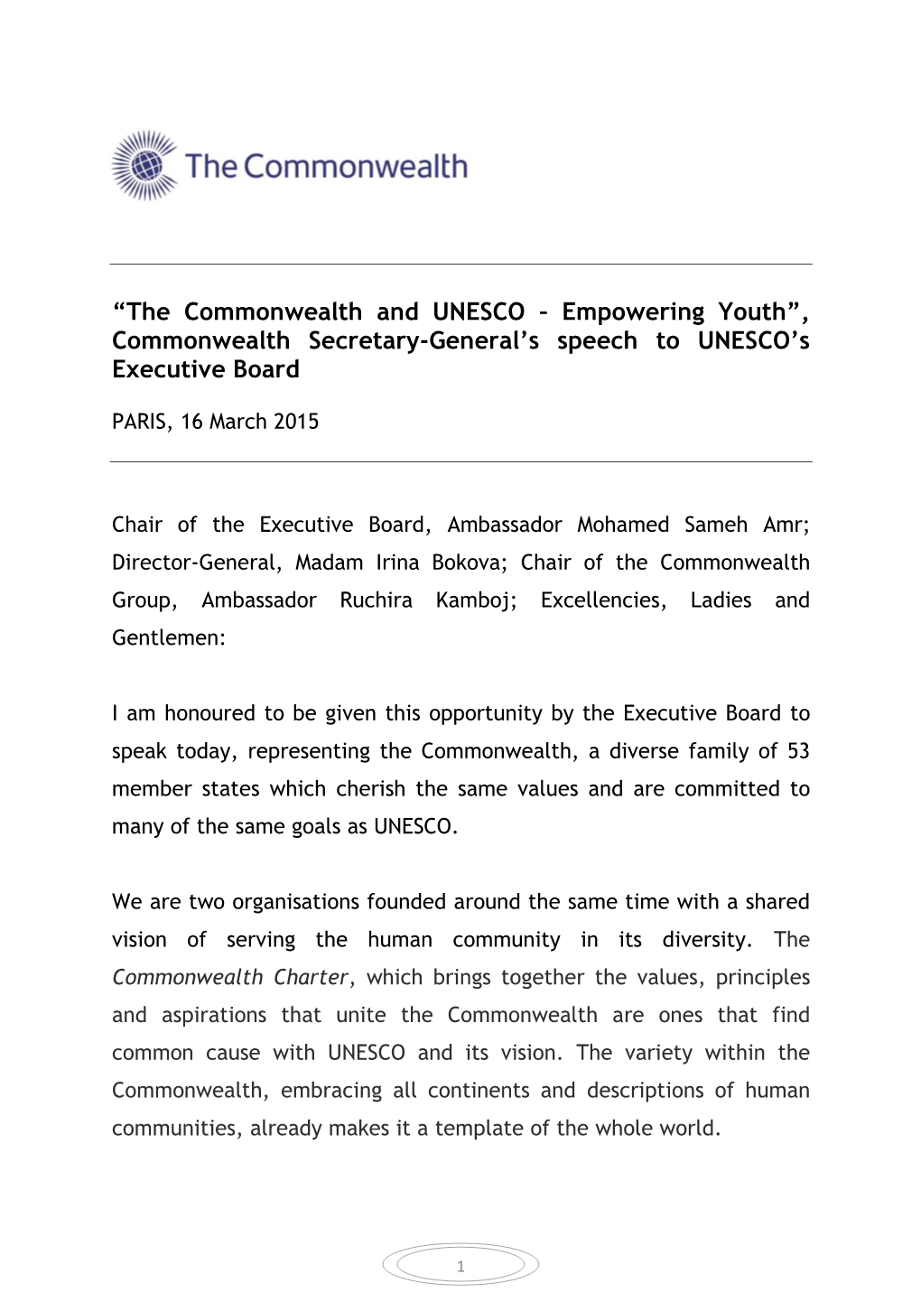 “The Commonwealth and UNESCO – Empowering Youth”, Commonwealth Secretary-General's Speech to UNESCO's Executive Board