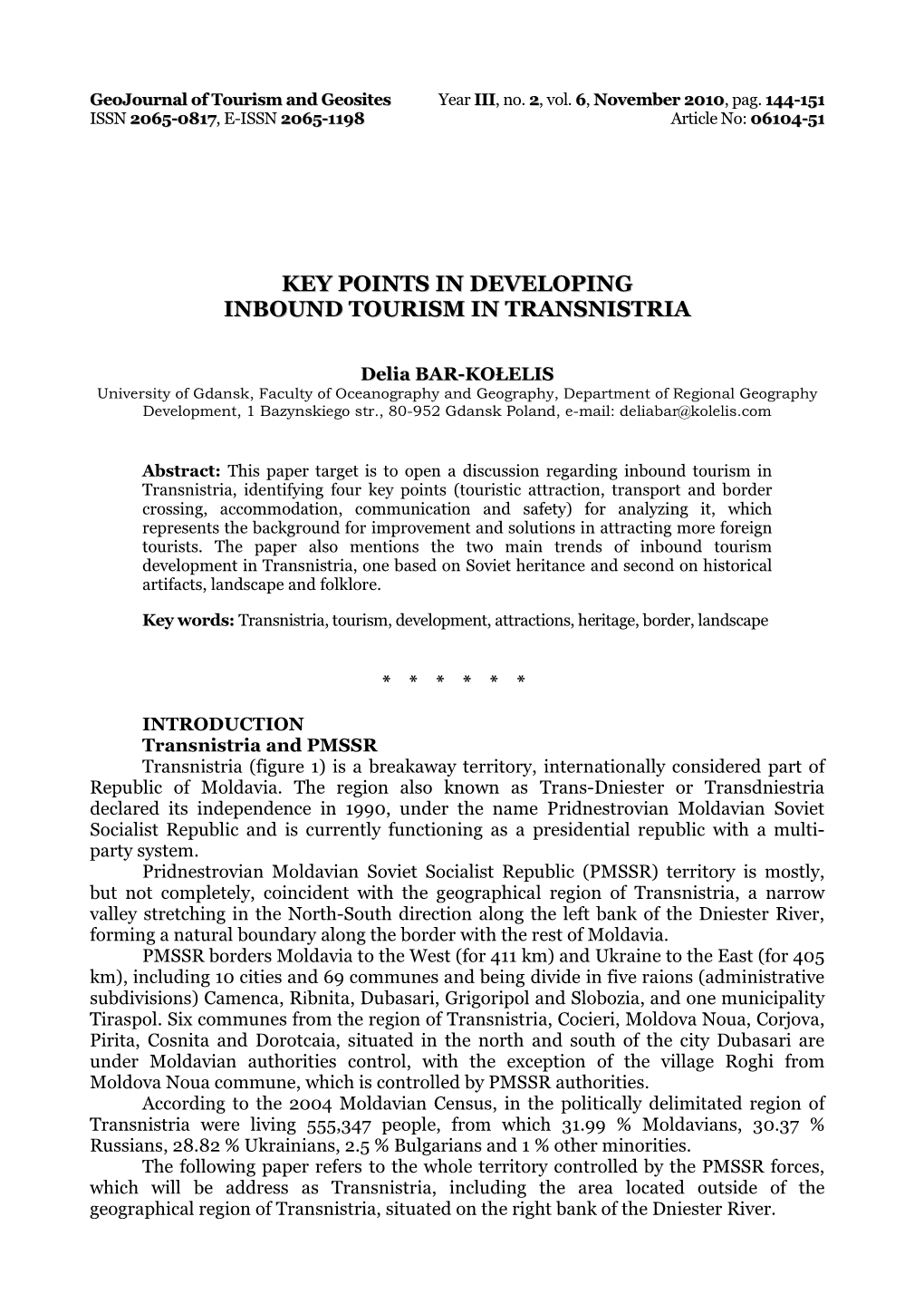 Key Points in Developing Inbound Tourism in Transnistria