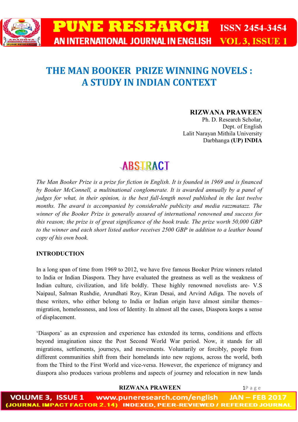 The Man Booker Prize Winning Novels : a Study in Indian Context