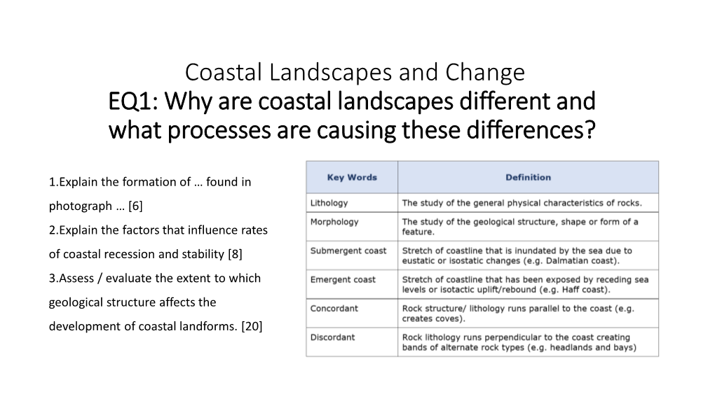 Coastal Landscapes and Change EQ1: Why Are Coastal Landscapes Different and What Processes Are Causing These Differences?