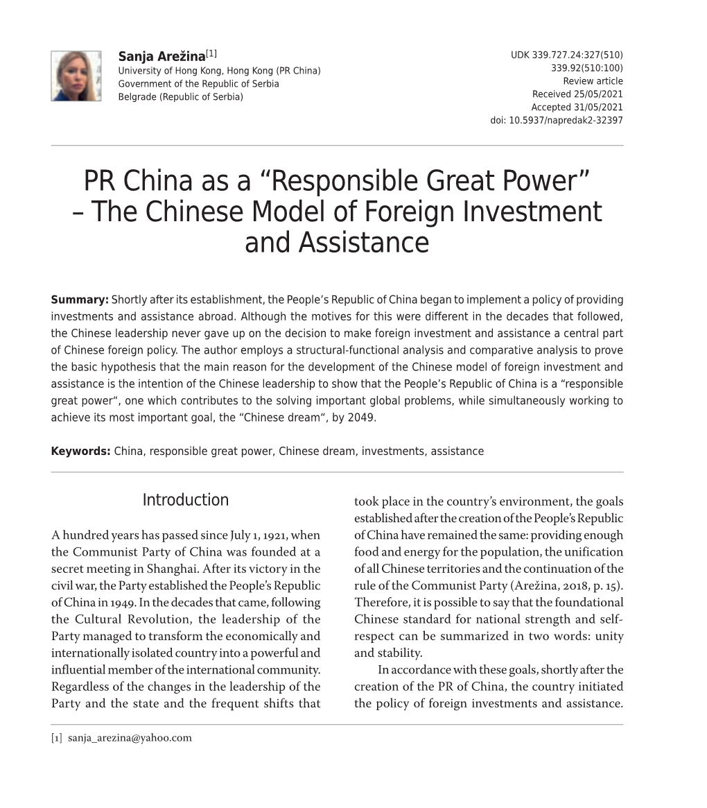 PR China As a “Responsible Great Power” – the Chinese Model of Foreign Investment and Assistance