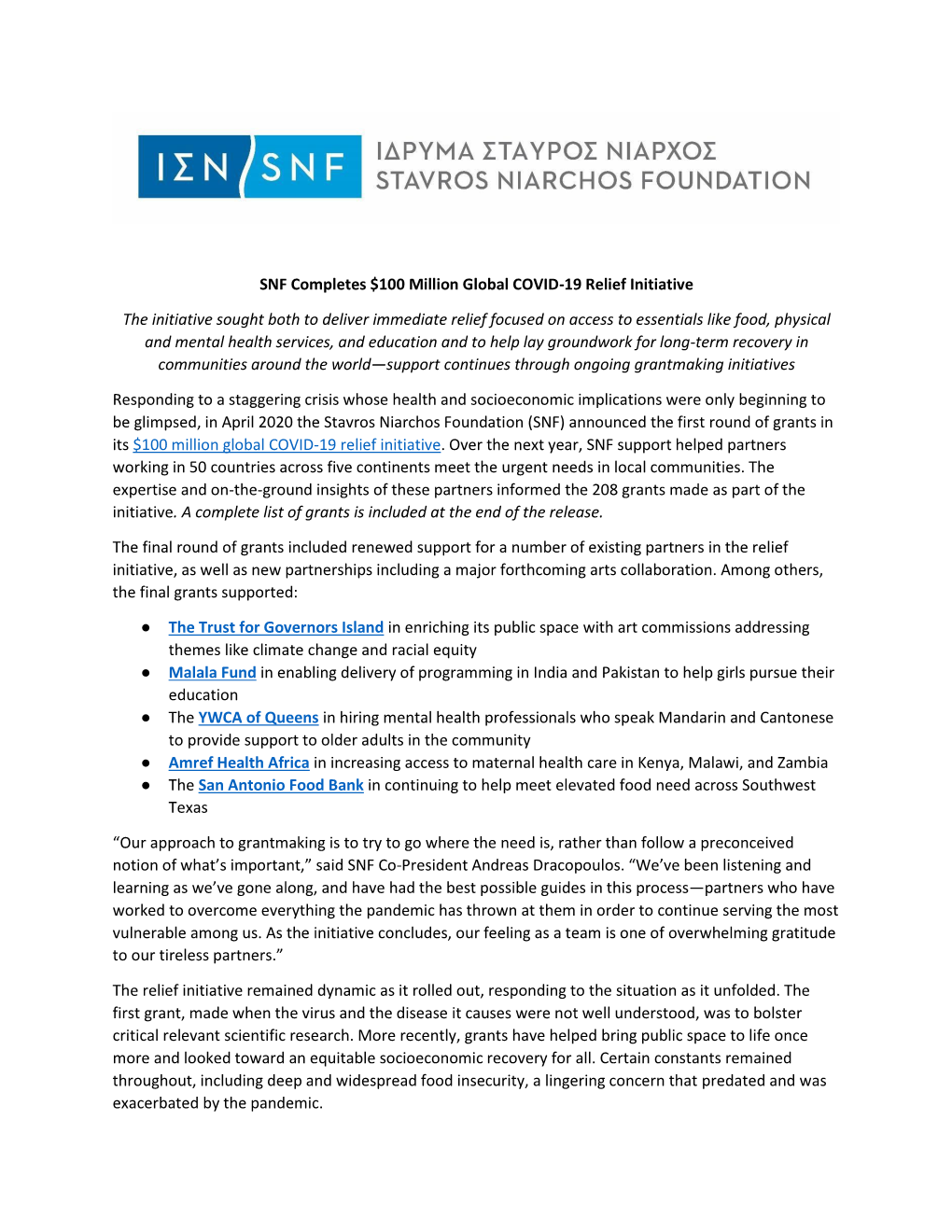 SNF Completes $100 Million Global COVID-19 Relief Initiative The