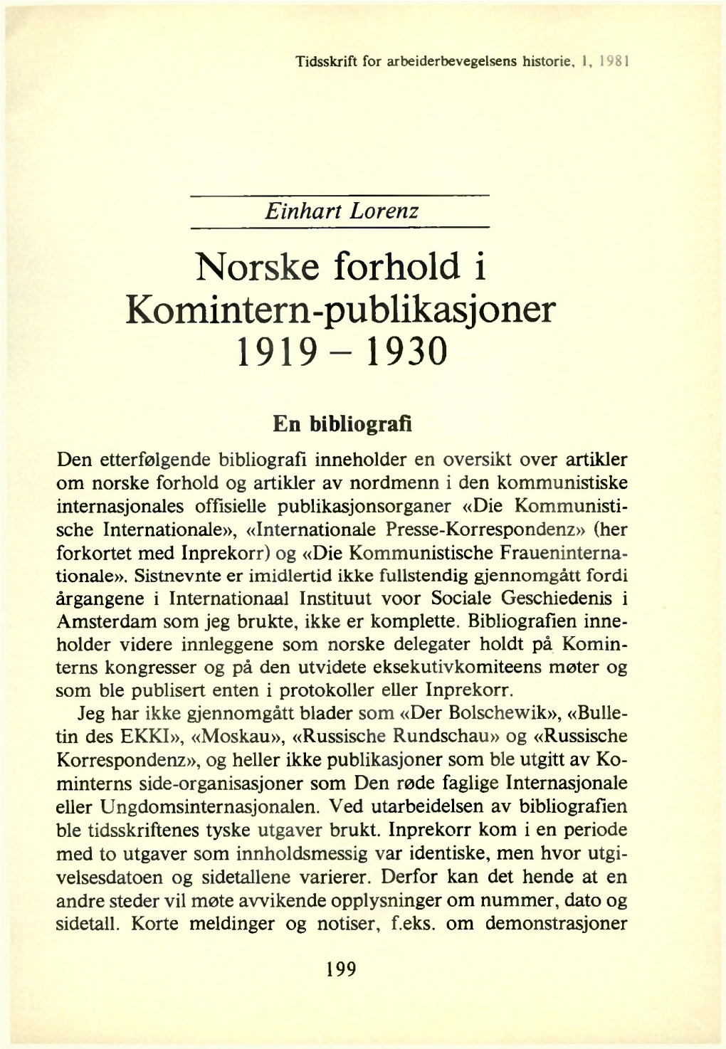 Norske Forhold I Komintern-Publikasjoner 1919-1930