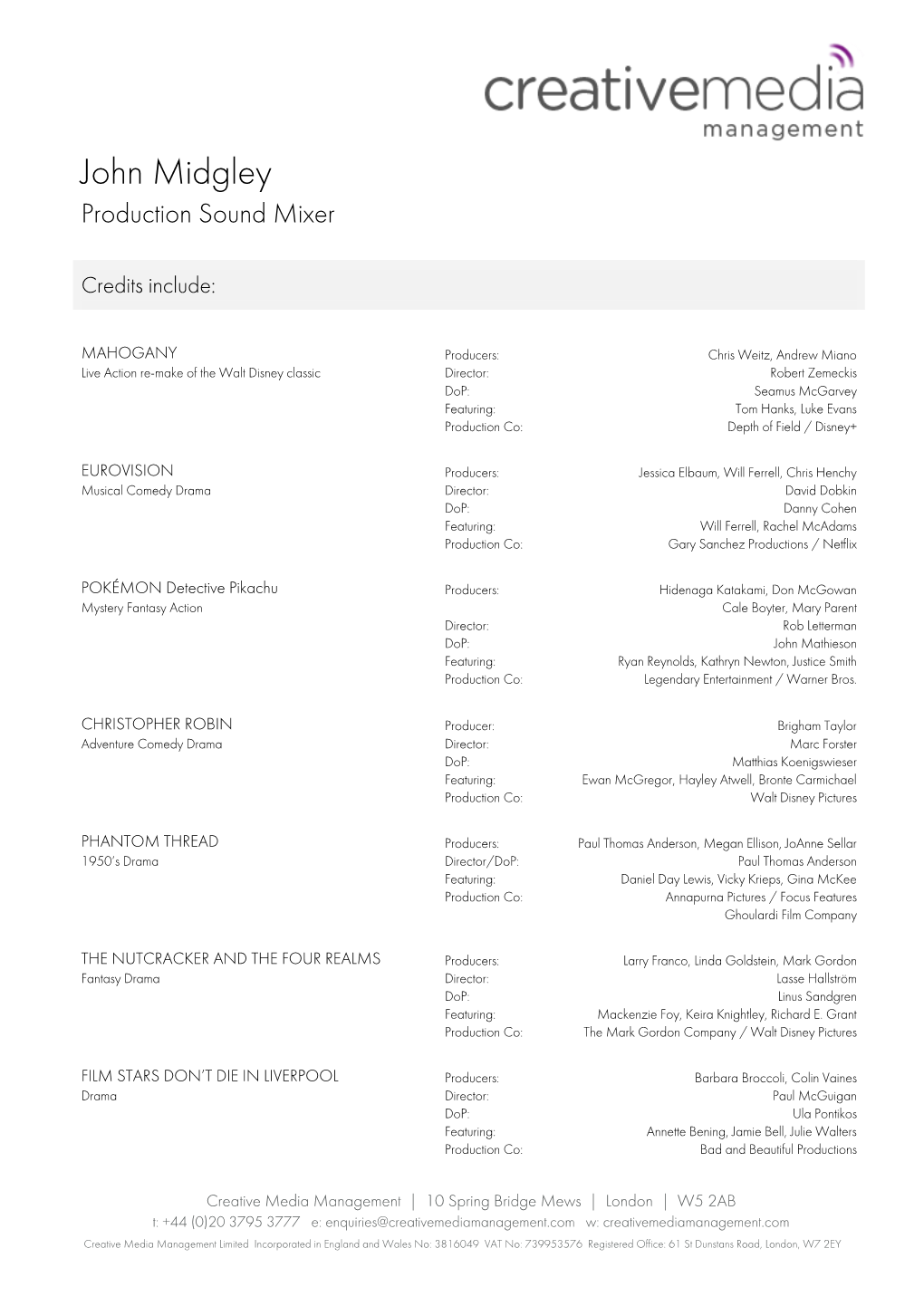 John Midgley Production Sound Mixer