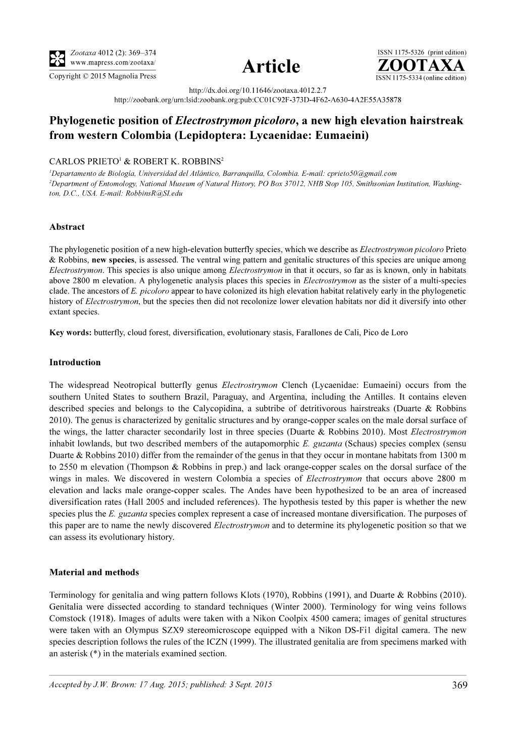 Phylogenetic Position of Electrostrymon Picoloro, a New High Elevation Hairstreak from Western Colombia (Lepidoptera: Lycaenidae: Eumaeini)