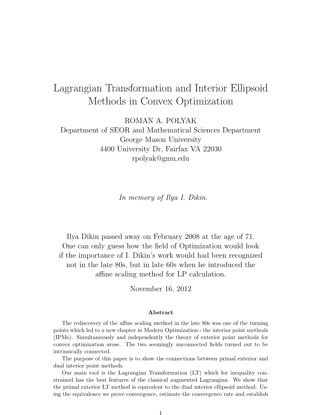 Lagrangian Transformation and Interior Ellipsoid Methods in Convex Optimization