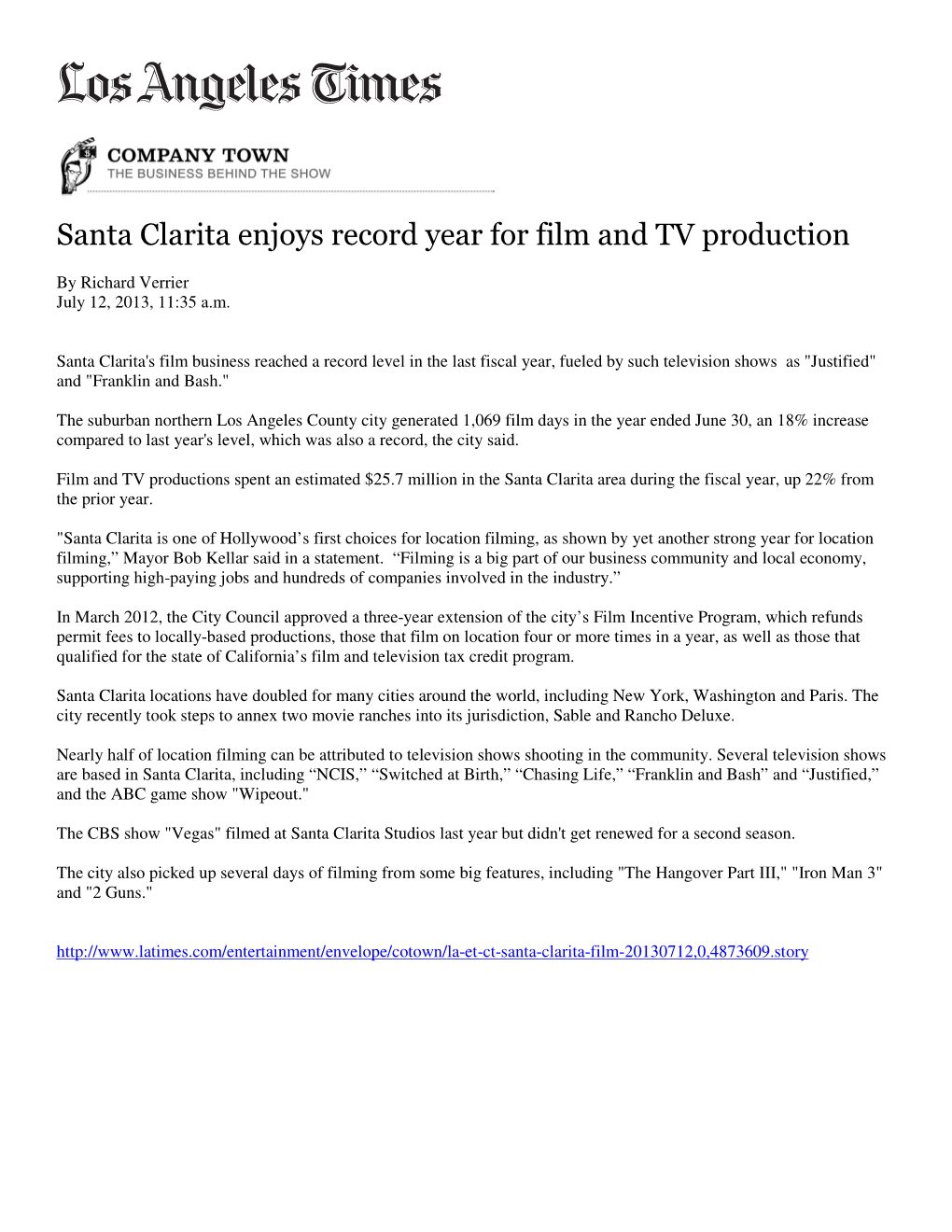 Santa Clarita Enjoys Record Year for Film and TV Production