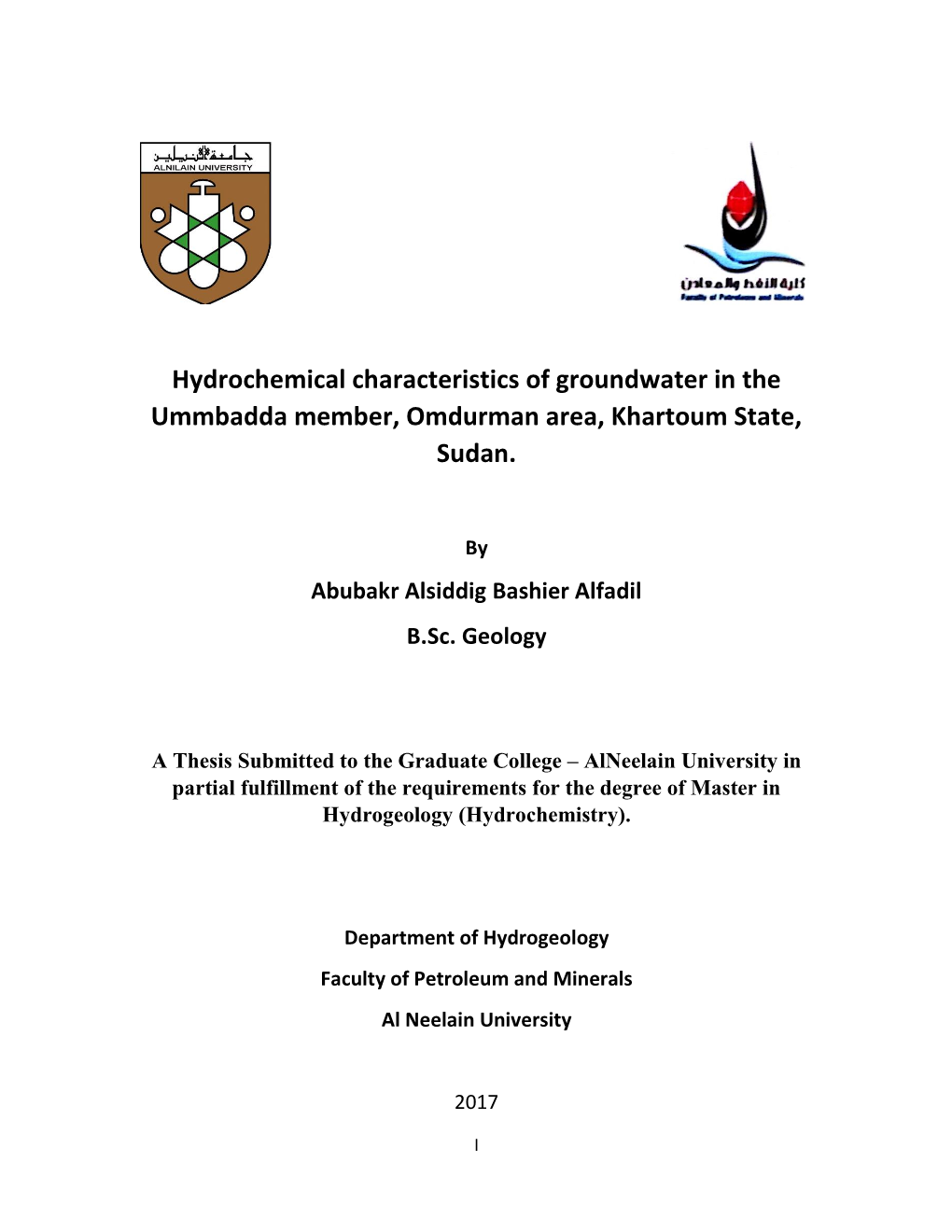 Hydrochemical Characteristics of Groundwater in the Ummbadda Member, Omdurman Area, Khartoum State, Sudan