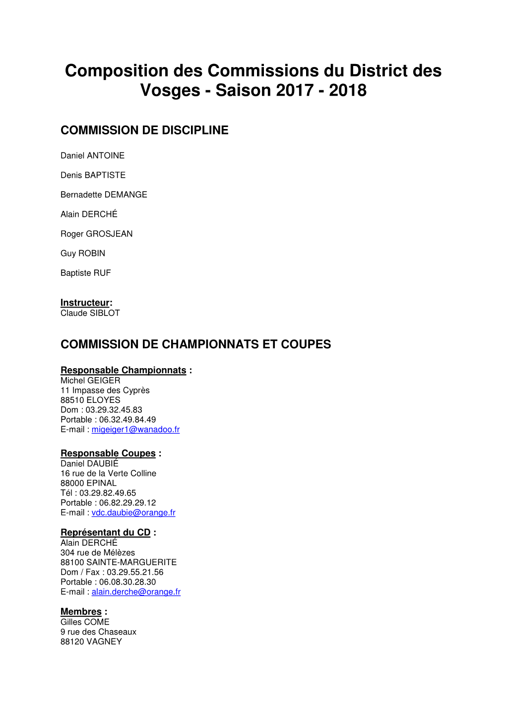 Composition Des Commissions Du District Des Vosges - Saison 2017 - 2018