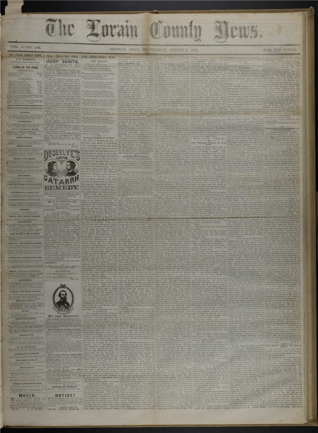 Pii4ifjp 2Iw3 VOL 6- NO 283 OBERLIN OHIO WEDNESDAY AUGUST 2 1865 8200 PF41 ANNUM