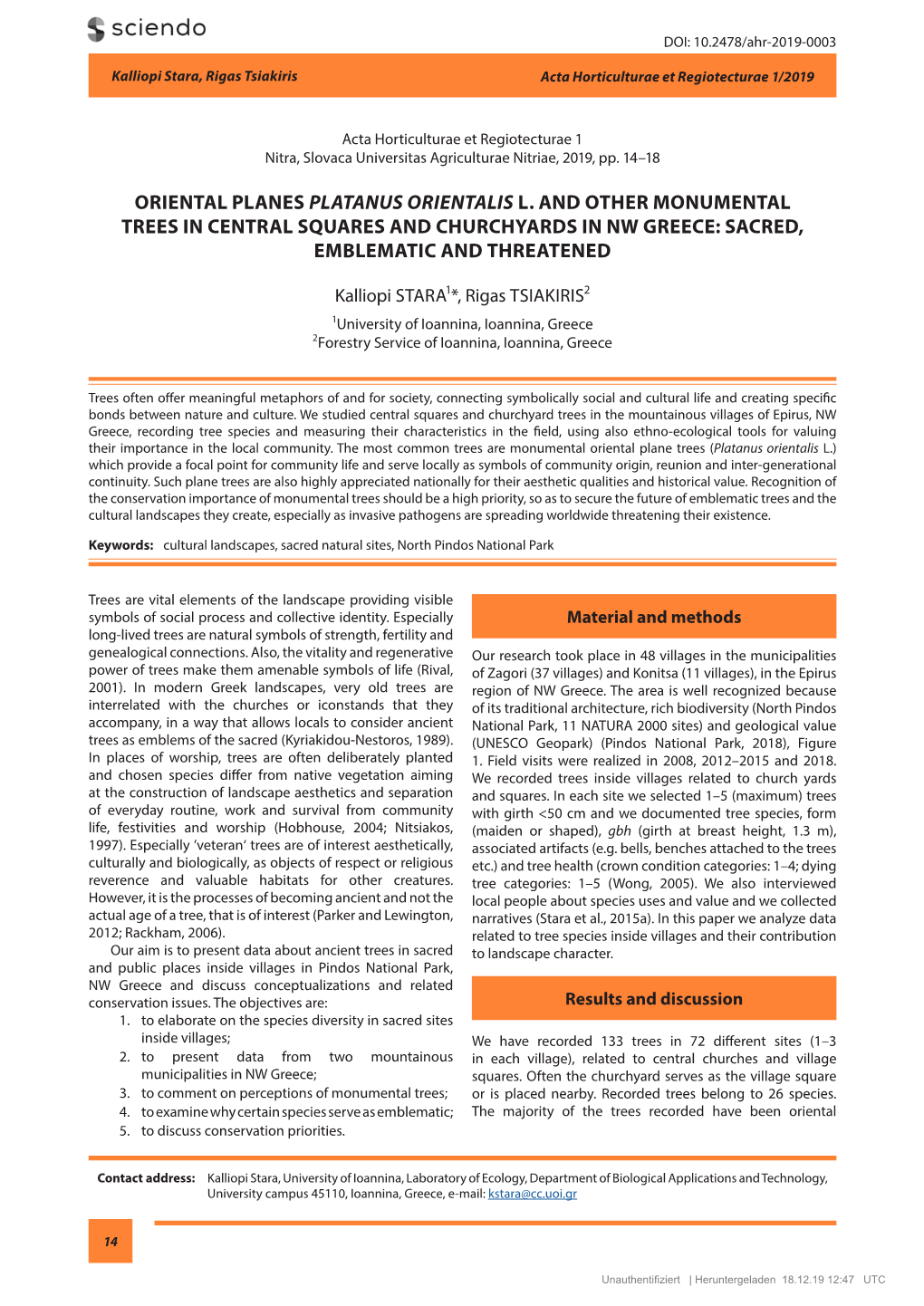 Oriental Planes Platanus Orientalis L. and Other Monumental Trees in Central Squares and Churchyards in Nw Greece: Sacred, Emblematic and Threatened