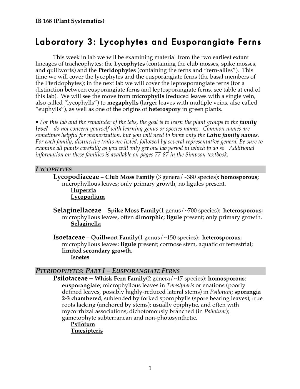 Laboratory 3: Lycophytes and Eusporangiate Ferns